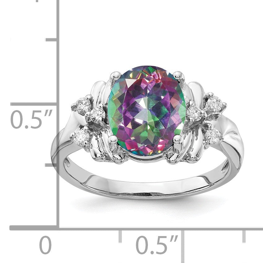 14k White Gold 10x8mm Oval Mystic Fire Topaz and 1/10 carat AA Diamond Ring