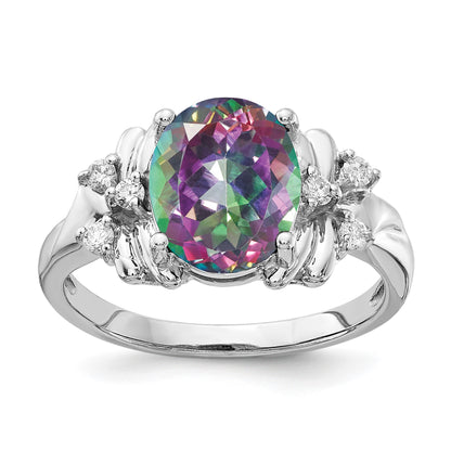 14k White Gold 10x8mm Oval Mystic Fire Topaz and 1/10 carat AA Diamond Ring