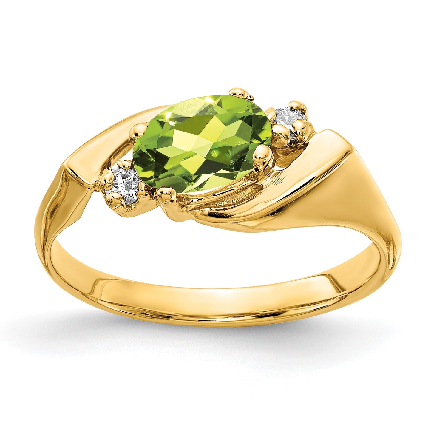 14k 7x5mm Oval Peridot and 1/20 carat AA Diamond Ring