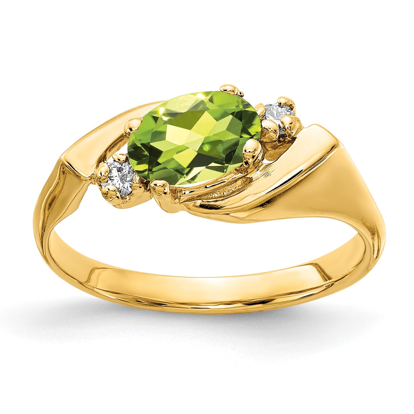 14k 7x5mm Oval Peridot Checker-cut and 1/20 carat AA Diamond Ring