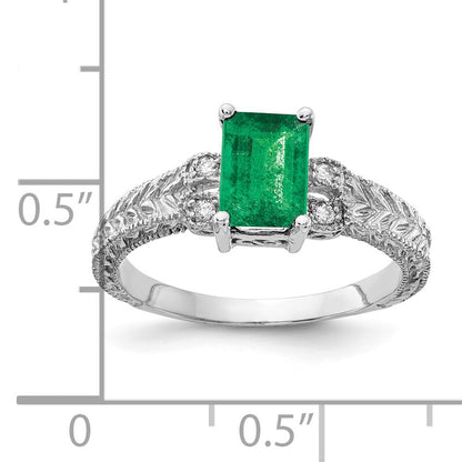 14k White Gold 7x5mm Emerald-cut Emerald and 1/20 carat AA Diamond Ring