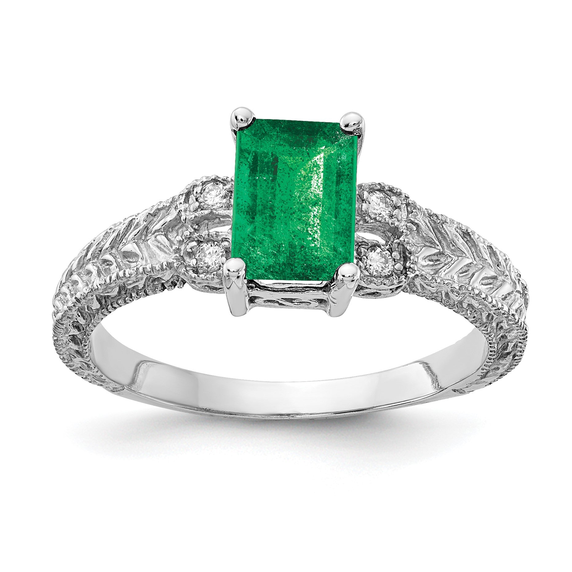 14k White Gold 7x5mm Emerald-cut Emerald and 1/20 carat AA Diamond Ring