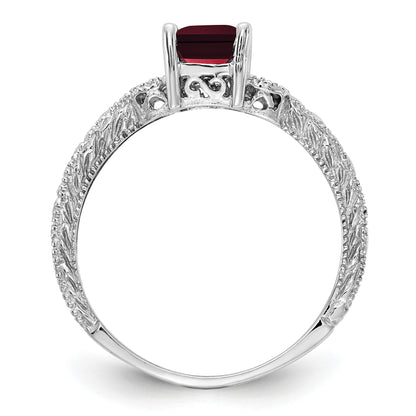 14k White Gold 7x5mm Emerald-cut Garnet and 1/20 carat AA Diamond Ring