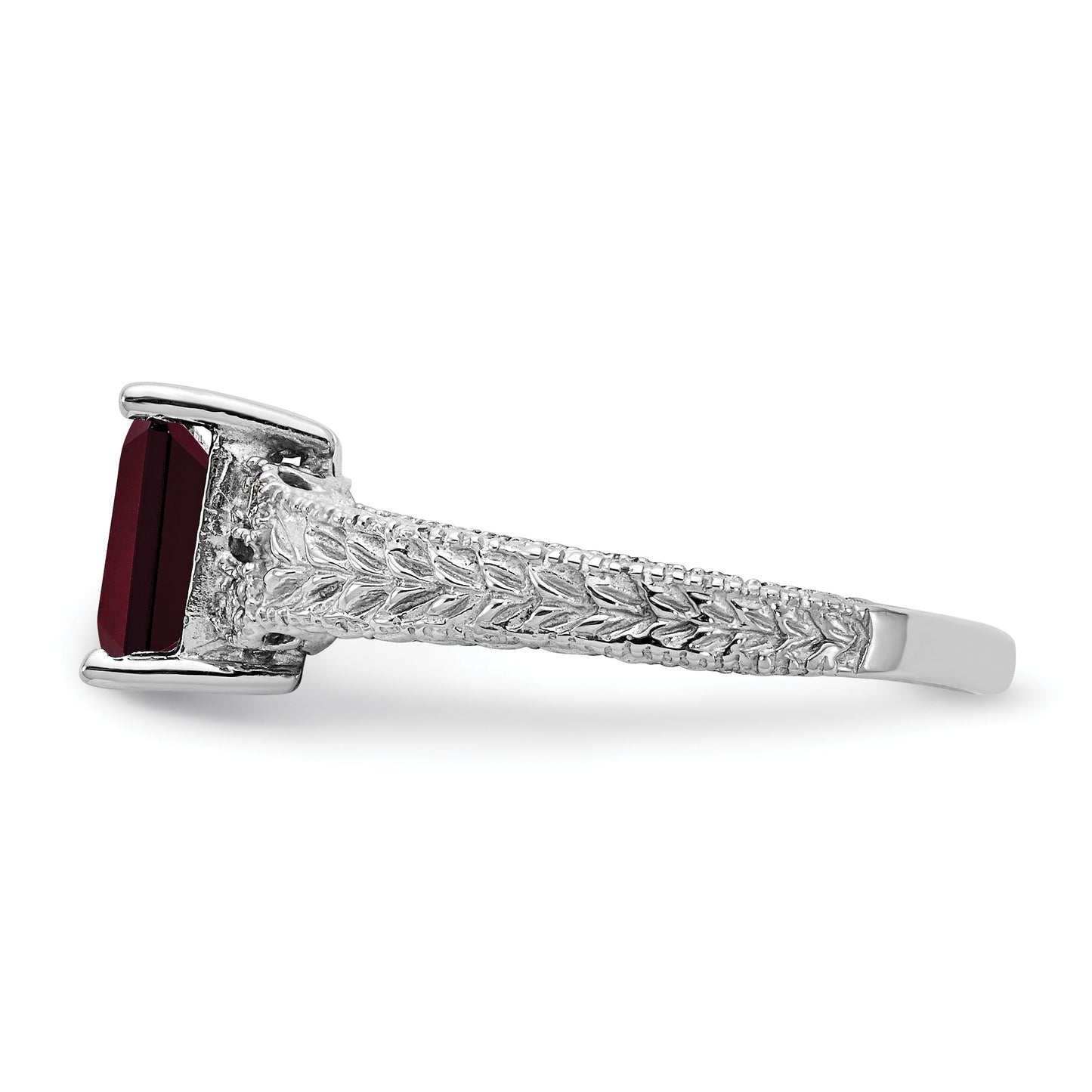14k White Gold 7x5mm Emerald-cut Garnet and 1/20 carat AA Diamond Ring