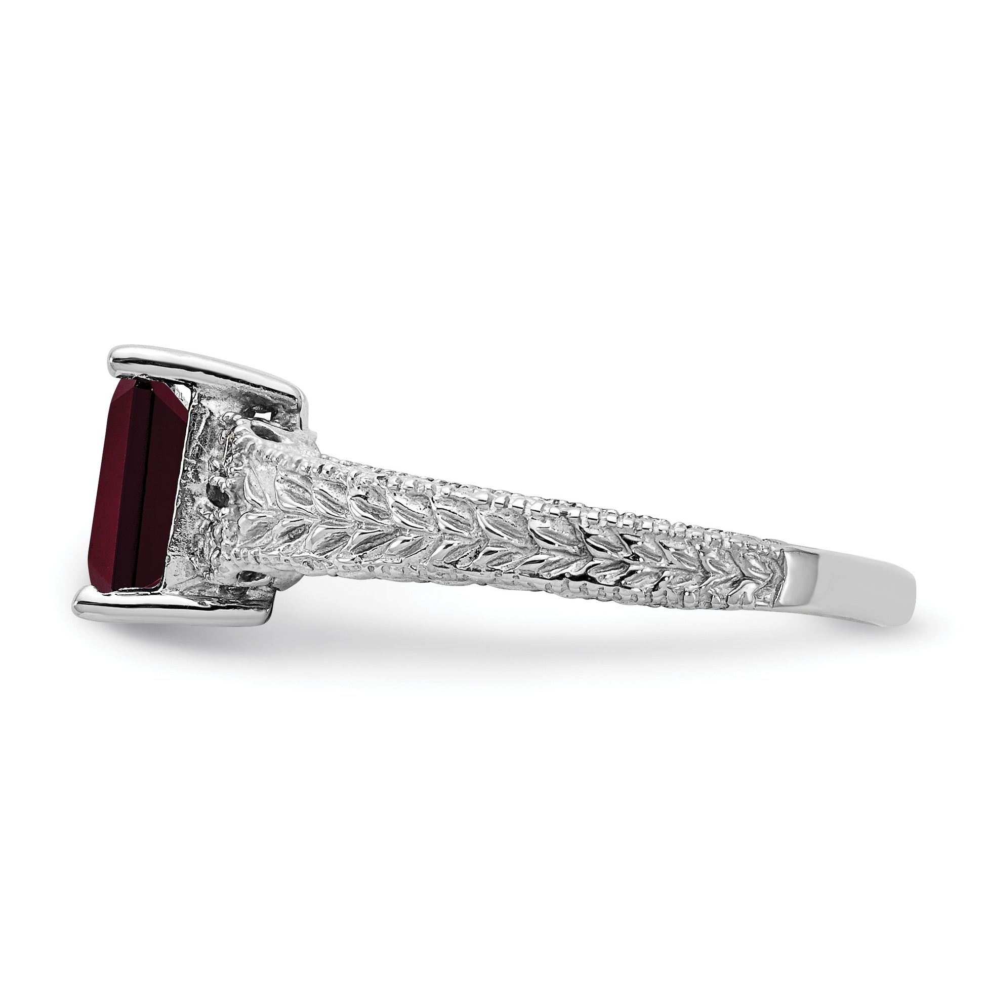 14k White Gold 7x5mm Emerald-cut Garnet and 1/20 carat AA Diamond Ring