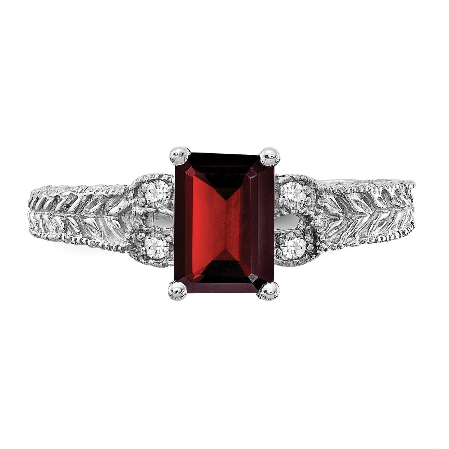 14k White Gold 7x5mm Emerald-cut Garnet and 1/20 carat AA Diamond Ring
