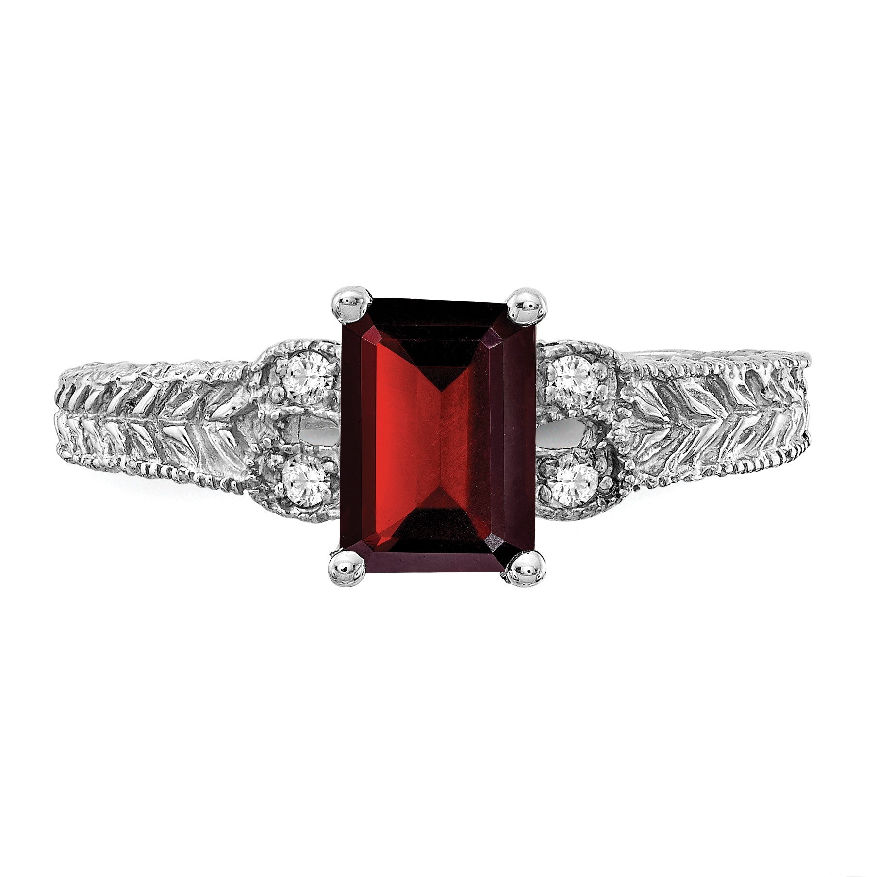 14k White Gold 7x5mm Emerald-cut Garnet and 1/20 carat AA Diamond Ring