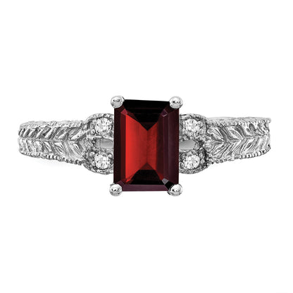14k White Gold 7x5mm Emerald-cut Garnet and 1/20 carat AA Diamond Ring