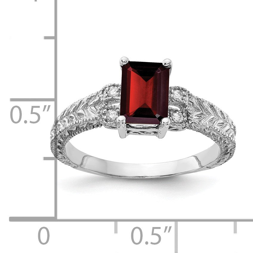 14k White Gold 7x5mm Emerald-cut Garnet and 1/20 carat AA Diamond Ring
