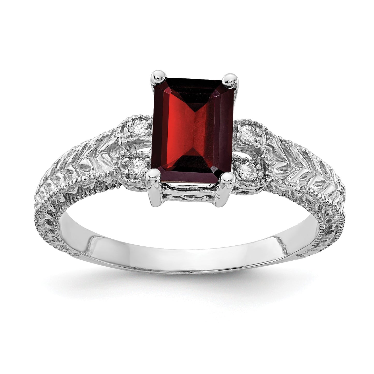 14k White Gold 7x5mm Emerald-cut Garnet and 1/20 carat AA Diamond Ring