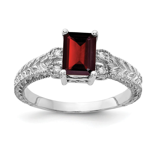 14k White Gold 7x5mm Emerald-cut Garnet and 1/20 carat AA Diamond Ring