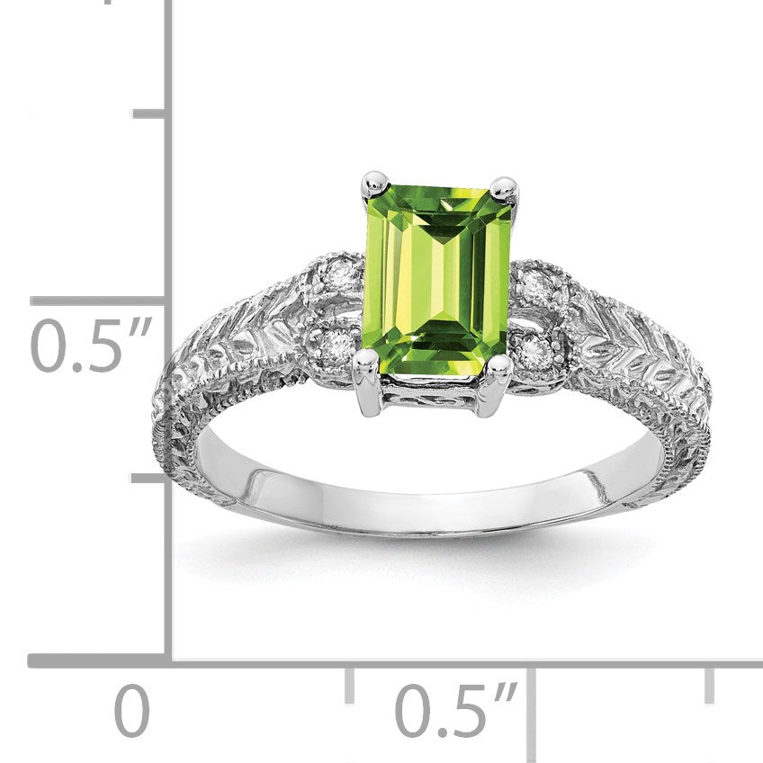 14k White Gold 7x5mm Emerald-cut Peridot and 1/20 carat AA Diamond Ring