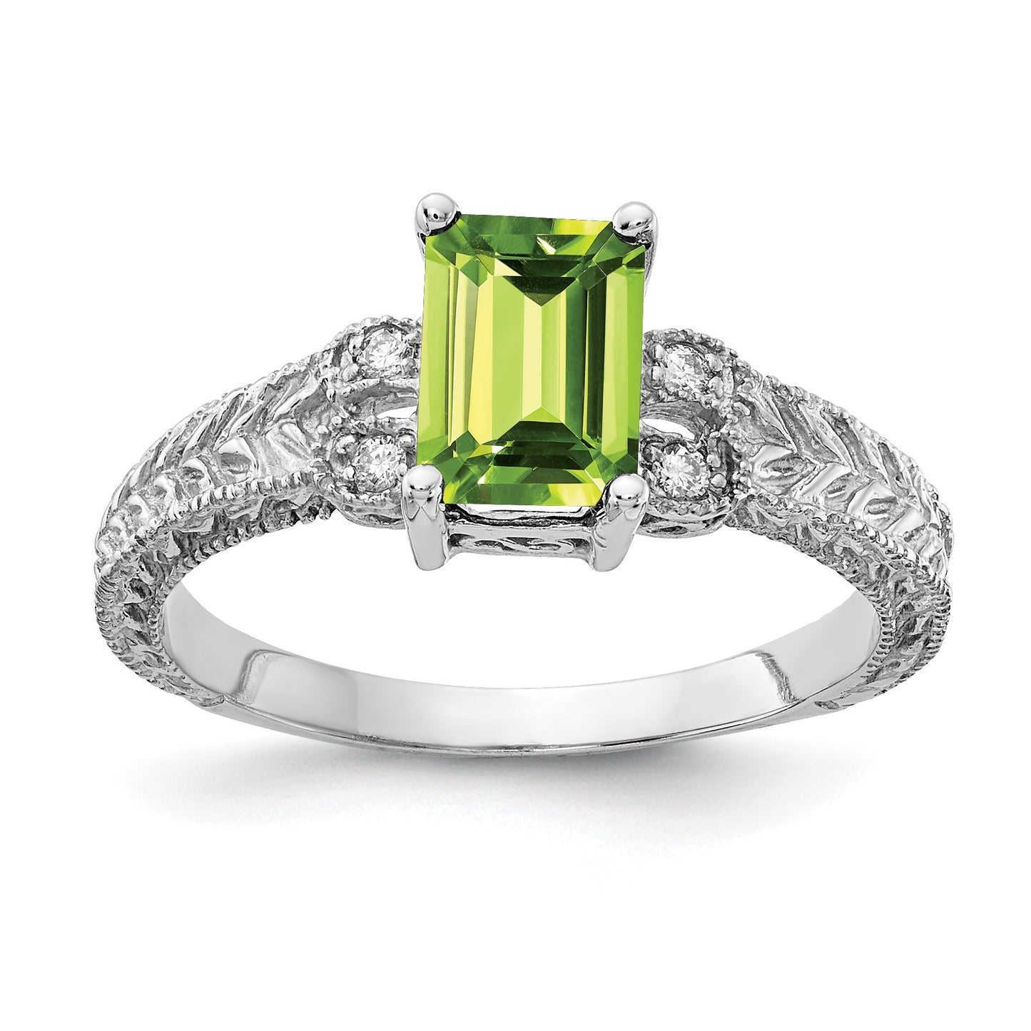 14k White Gold 7x5mm Emerald-cut Peridot and 1/20 carat AA Diamond Ring