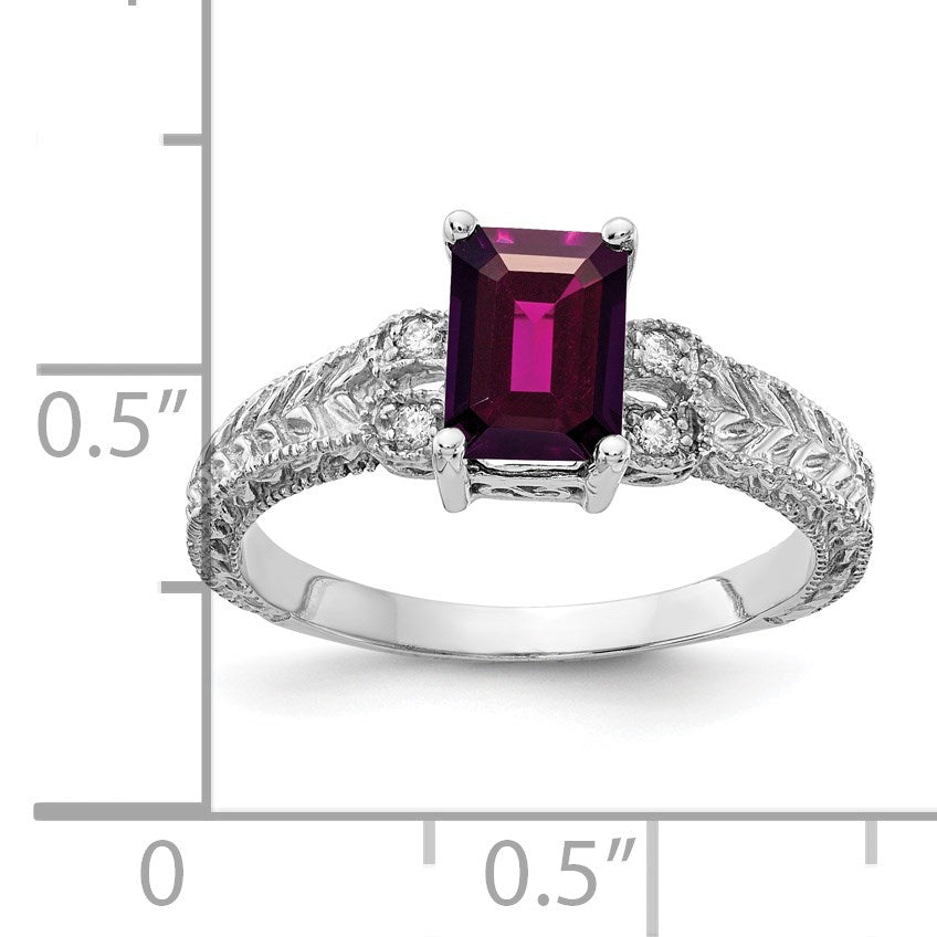 14k White Gold 7x5mm Emerald-cut Rhodolite Garnet and 1/20 carat AA Diamond Ring