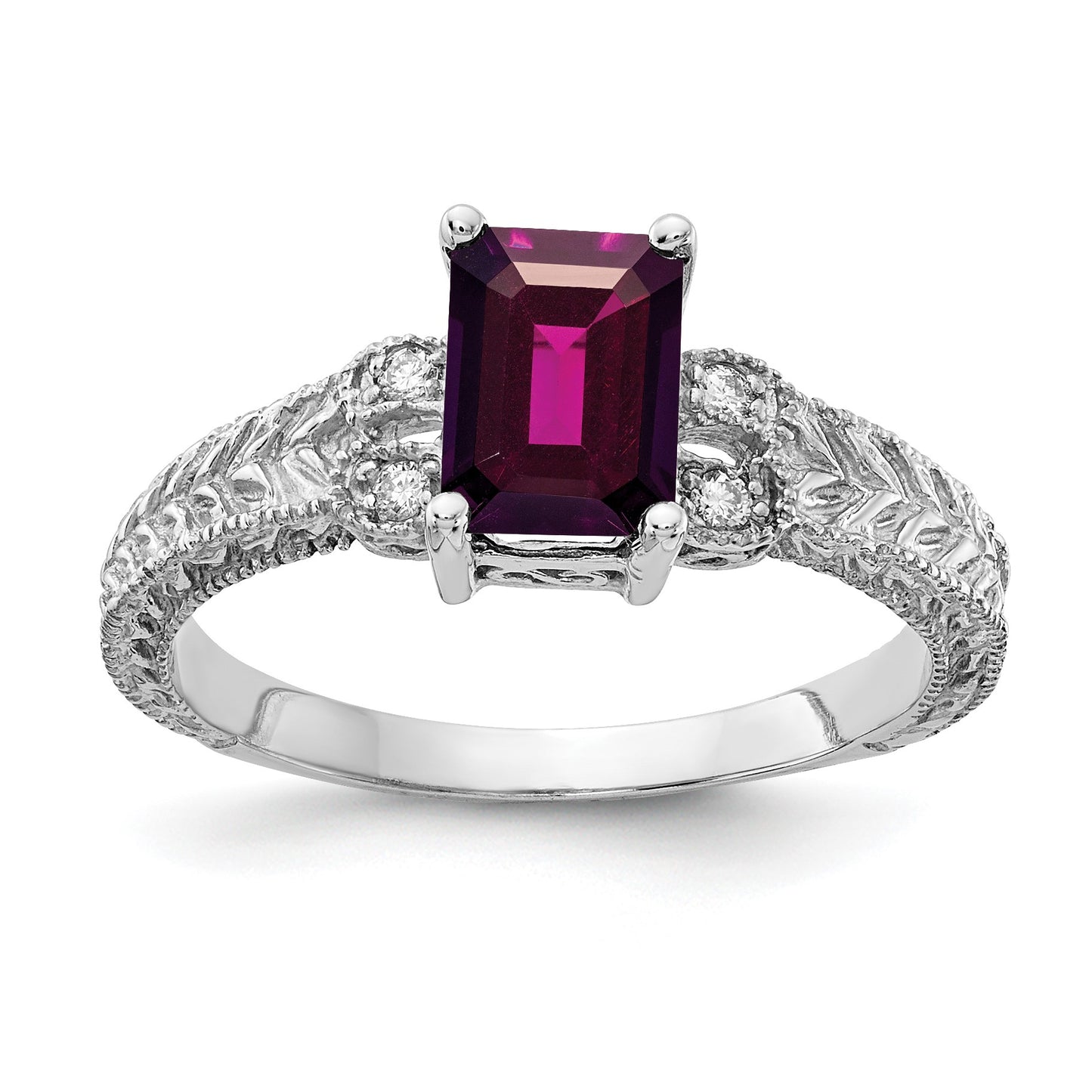 14k White Gold 7x5mm Emerald-cut Rhodolite Garnet and 1/20 carat AA Diamond Ring