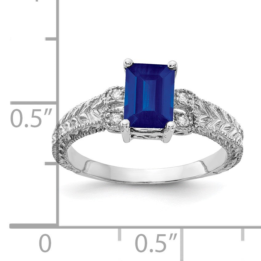 14k White Gold 7x5mm Emerald-cut Blue Sapphire and 1/20 carat AA Diamond Ring