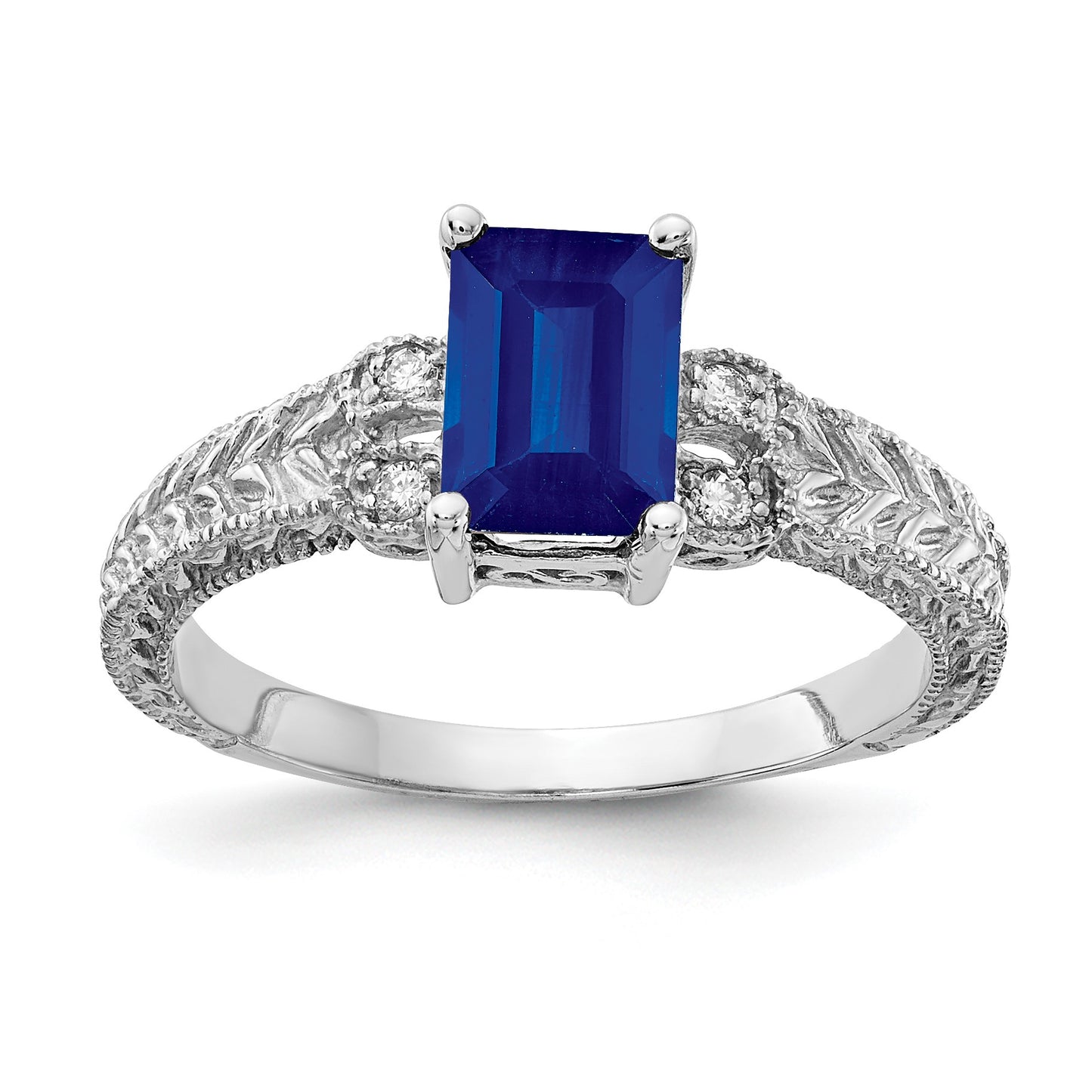 14k White Gold 7x5mm Emerald-cut Blue Sapphire and 1/20 carat AA Diamond Ring