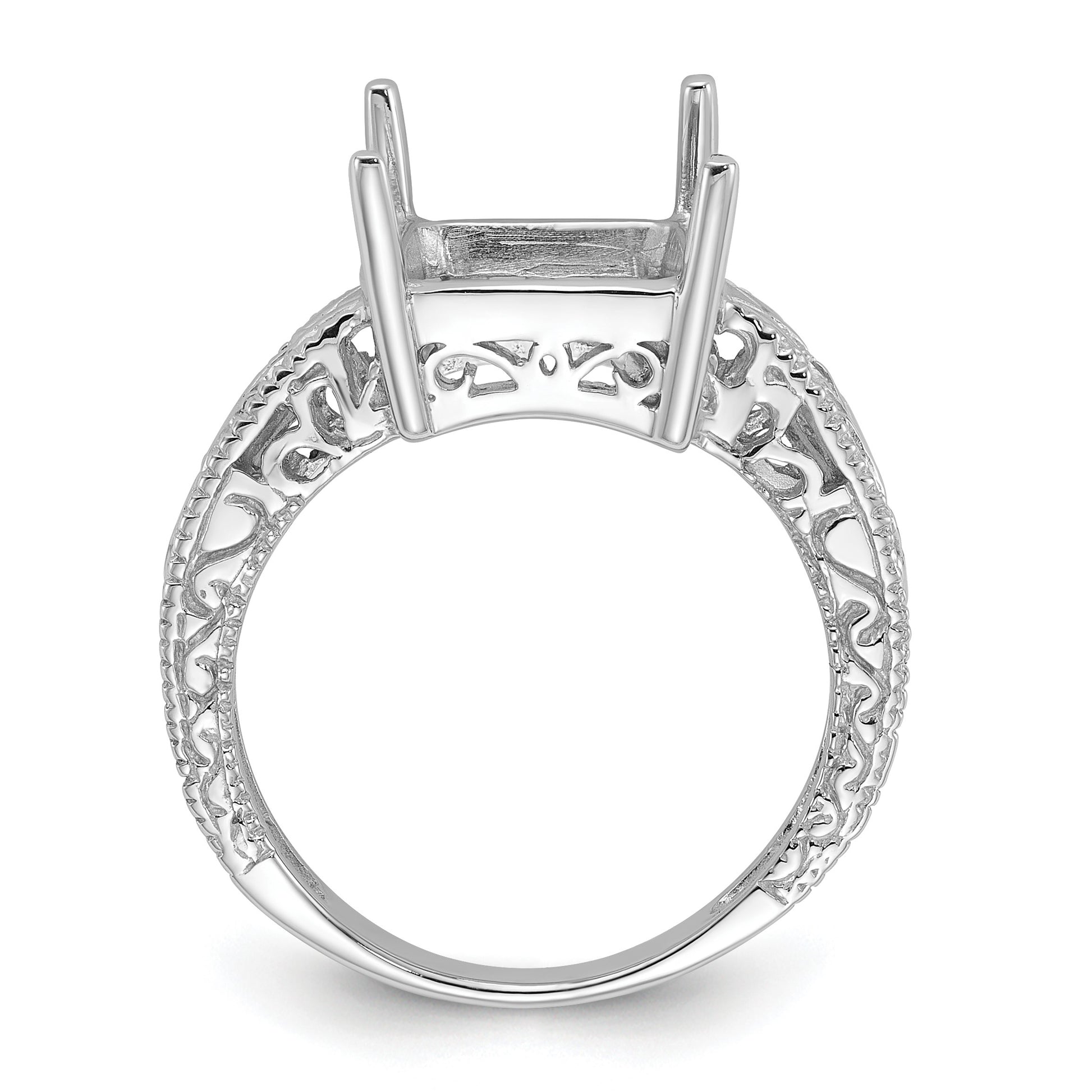 14k White Gold Holds 4-1.6mm Round and 1-12x10 Emerald-cut Gemstone Ring Mounting