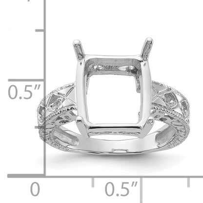 14k White Gold Holds 4-1.6mm Round and 1-12x10 Emerald-cut Gemstone Ring Mounting