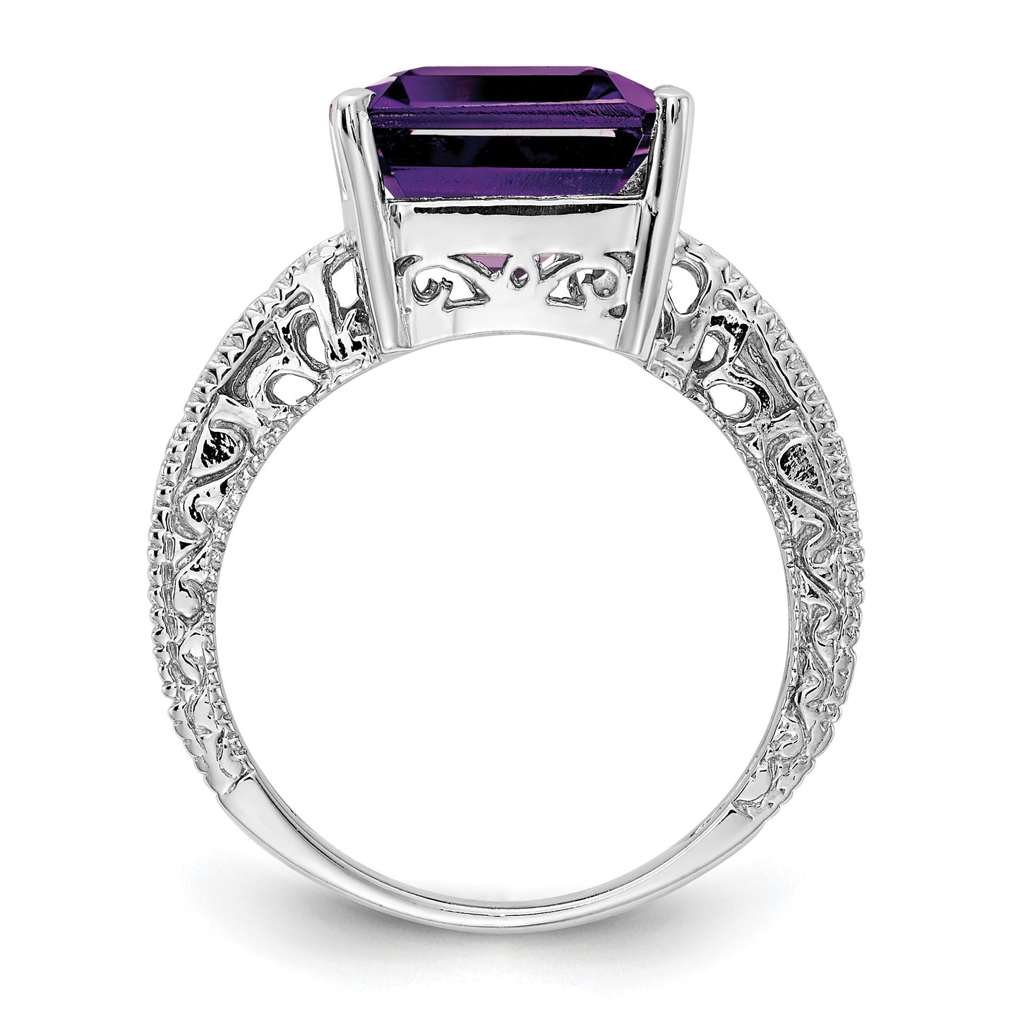 14k White Gold 12x10mm Emerald-cut Amethyst and 1/15 carat AA Diamond Ring