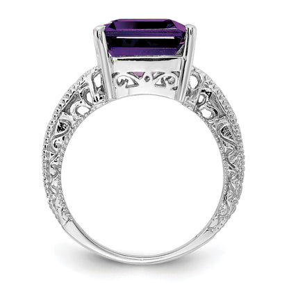 14k White Gold 12x10mm Emerald-cut Amethyst and 1/15 carat AA Diamond Ring