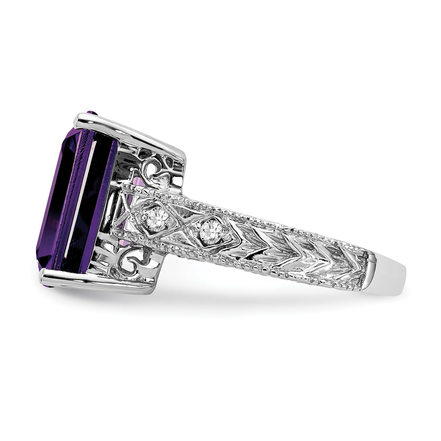 14k White Gold 12x10mm Emerald-cut Amethyst and 1/15 carat AA Diamond Ring