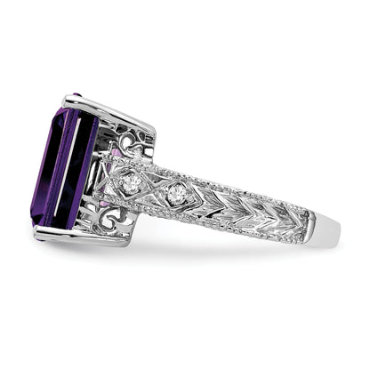 14k White Gold 12x10mm Emerald-cut Amethyst and 1/15 carat AA Diamond Ring