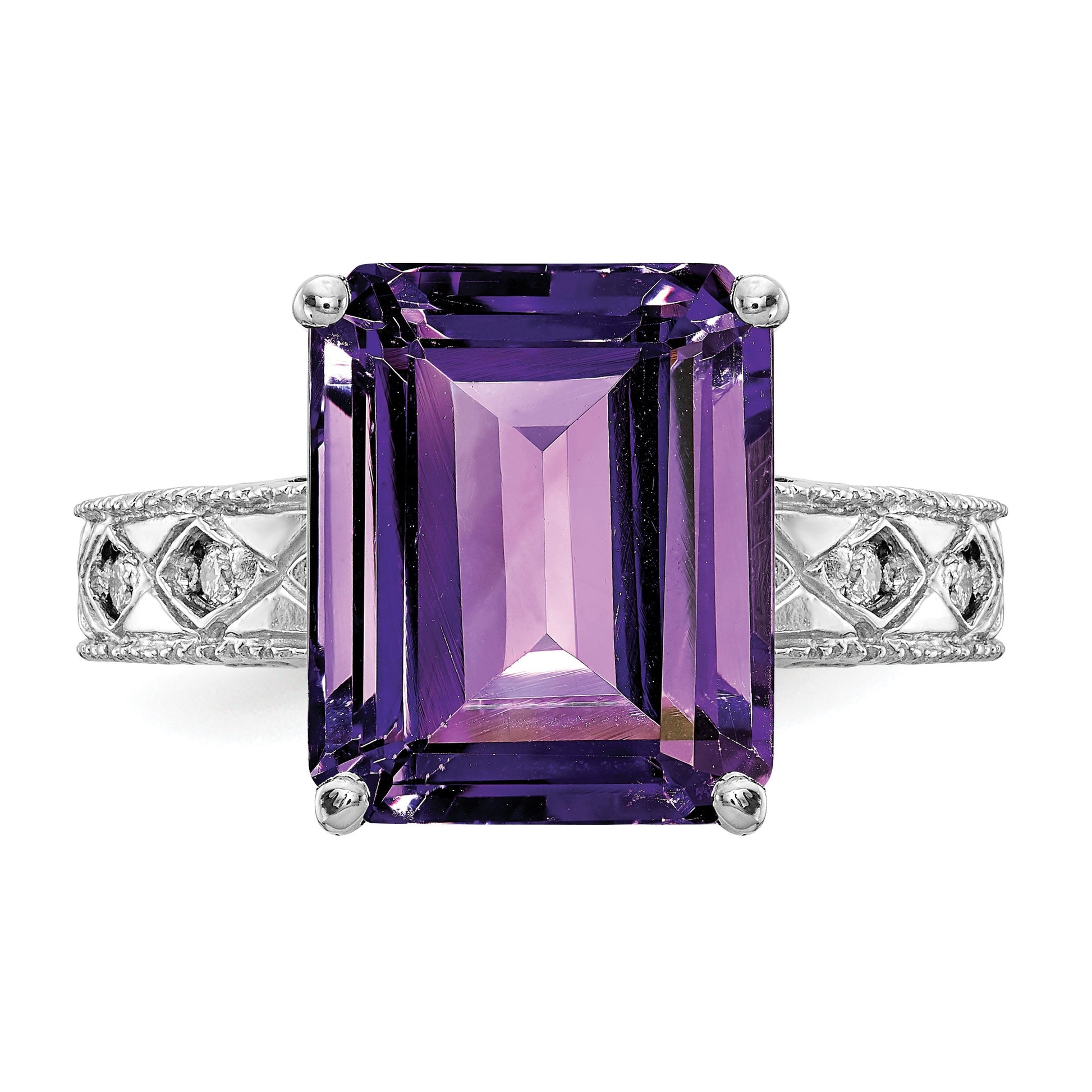 14k White Gold 12x10mm Emerald-cut Amethyst and 1/15 carat AA Diamond Ring
