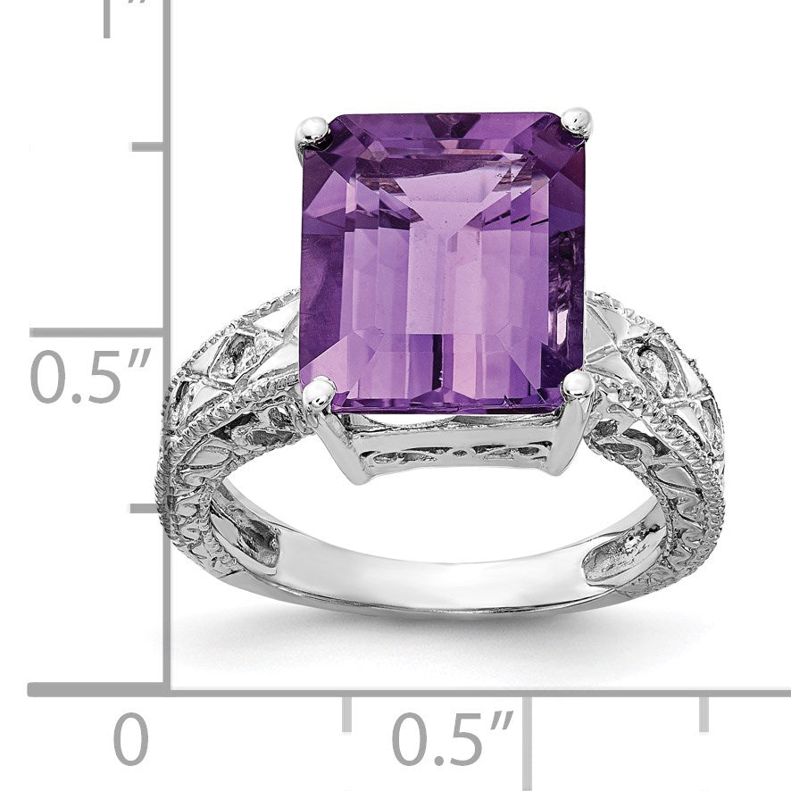 14k White Gold 12x10mm Emerald-cut Amethyst and 1/15 carat AA Diamond Ring