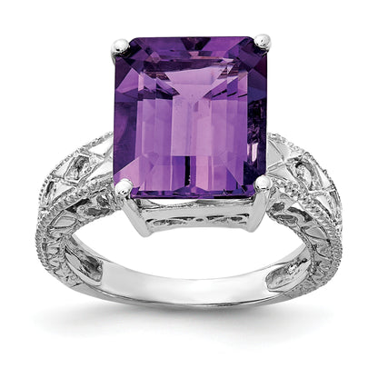 14k White Gold 12x10mm Emerald-cut Amethyst and 1/15 carat AA Diamond Ring