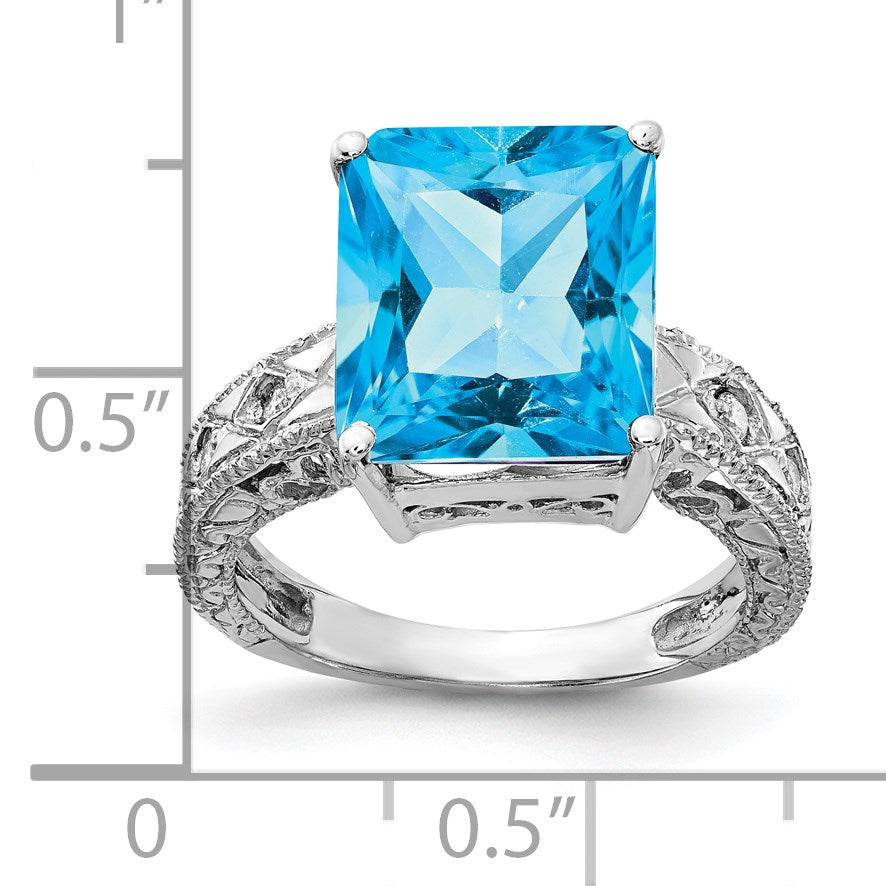 14k White Gold 12x10mm Emerald-cut Blue Topaz and 1/15 carat AA Diamond Ring
