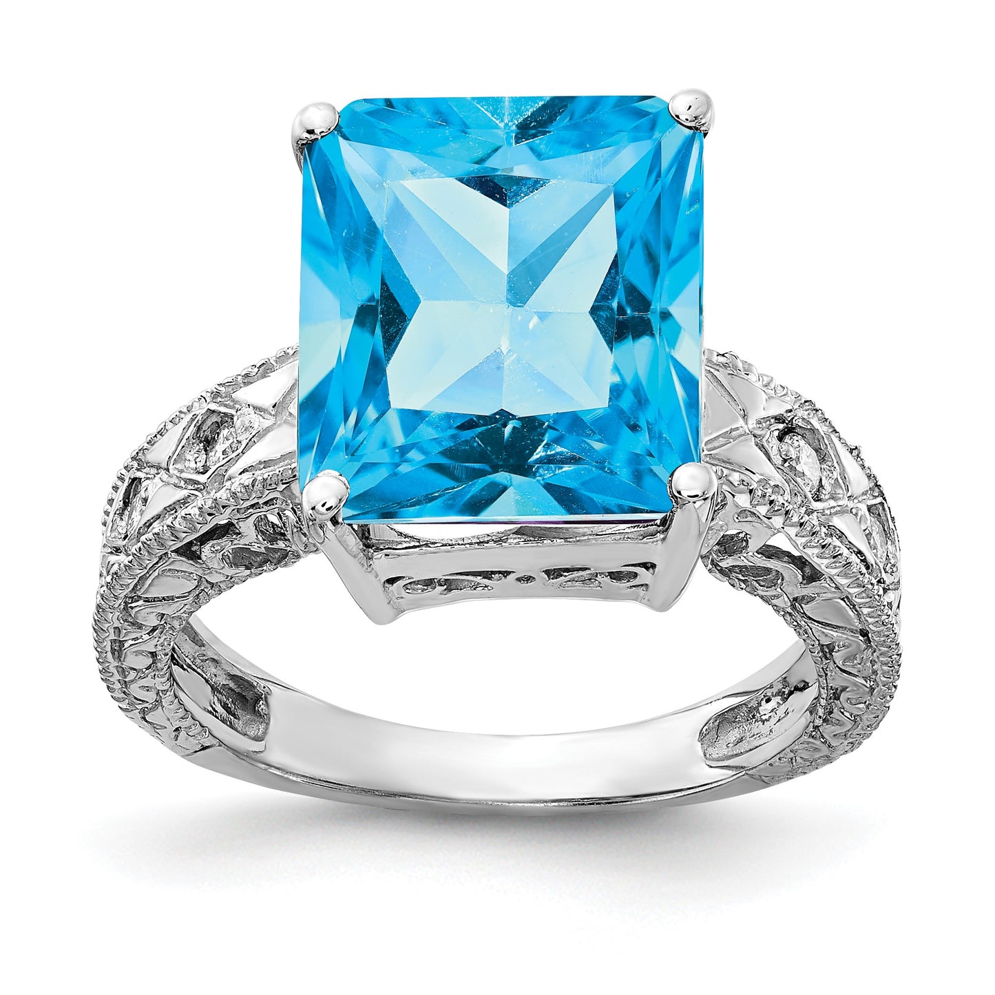 14k White Gold 12x10mm Emerald-cut Blue Topaz and 1/15 carat AA Diamond Ring