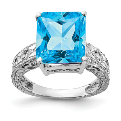 14k White Gold 12x10mm Emerald-cut Blue Topaz and 1/15 carat AA Diamond Ring