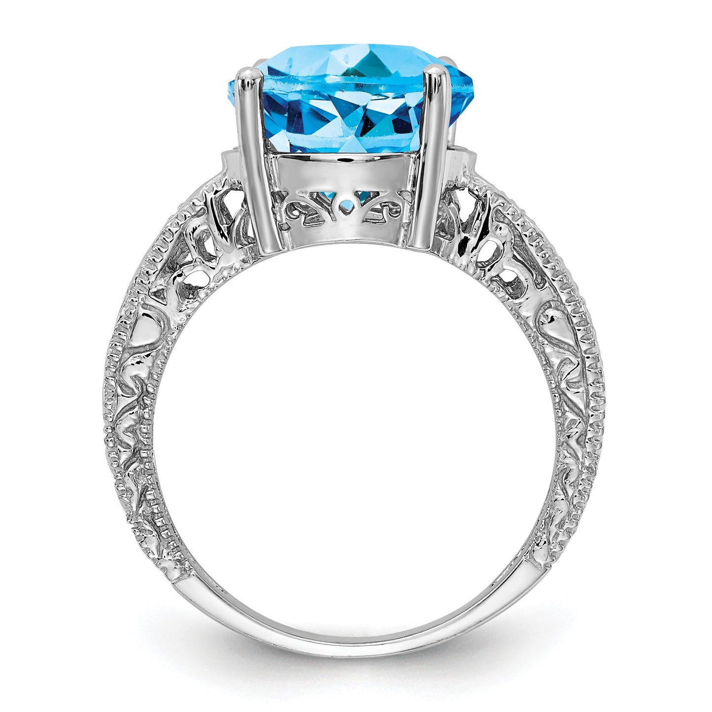 14k White Gold 12x10mm Oval Blue Topaz and 1/20 carat AA Diamond ring