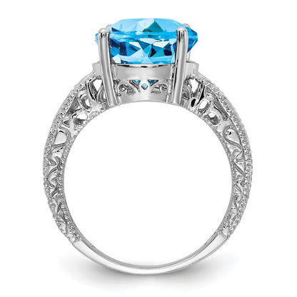 14k White Gold 12x10mm Oval Blue Topaz and 1/20 carat AA Diamond ring
