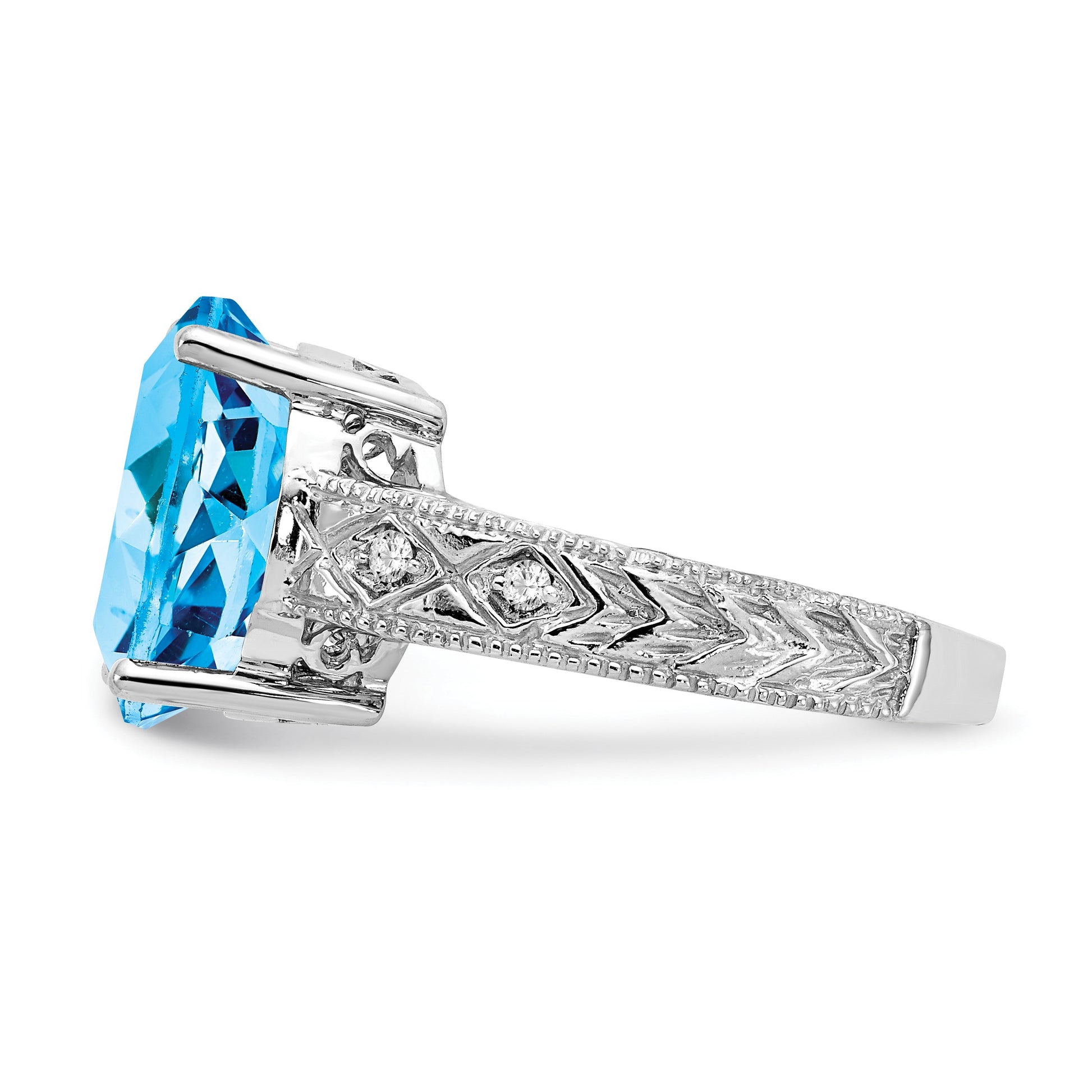 14k White Gold 12x10mm Oval Blue Topaz and 1/20 carat AA Diamond ring