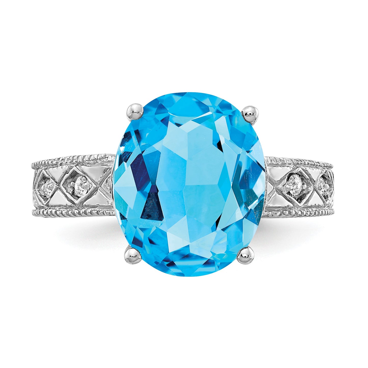 14k White Gold 12x10mm Oval Blue Topaz and 1/20 carat AA Diamond ring