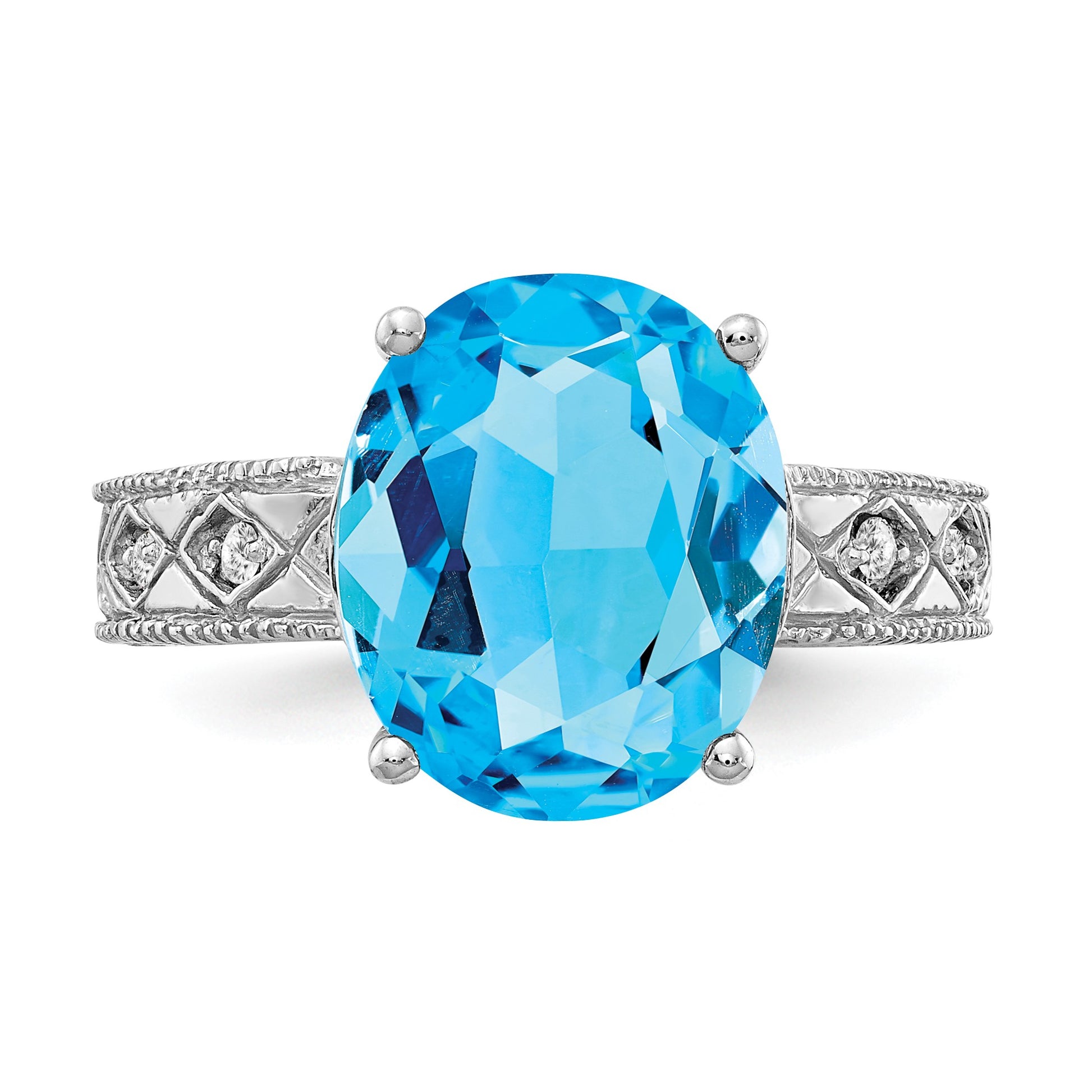 14k White Gold 12x10mm Oval Blue Topaz and 1/20 carat AA Diamond ring
