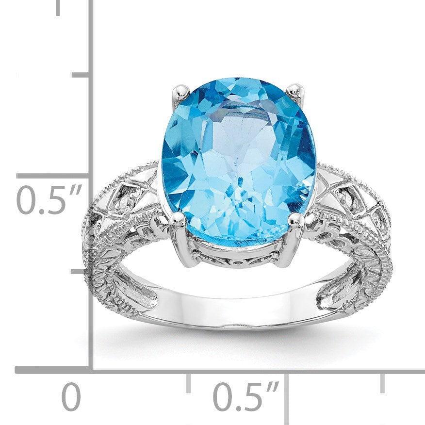 14k White Gold 12x10mm Oval Blue Topaz and 1/20 carat AA Diamond ring