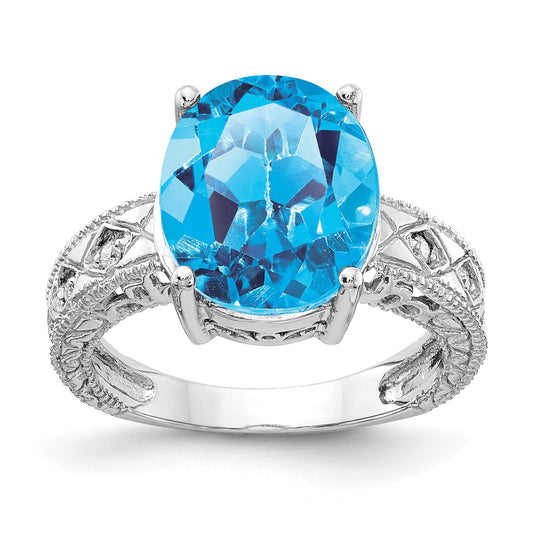 14k White Gold 12x10mm Oval Blue Topaz and 1/20 carat AA Diamond ring