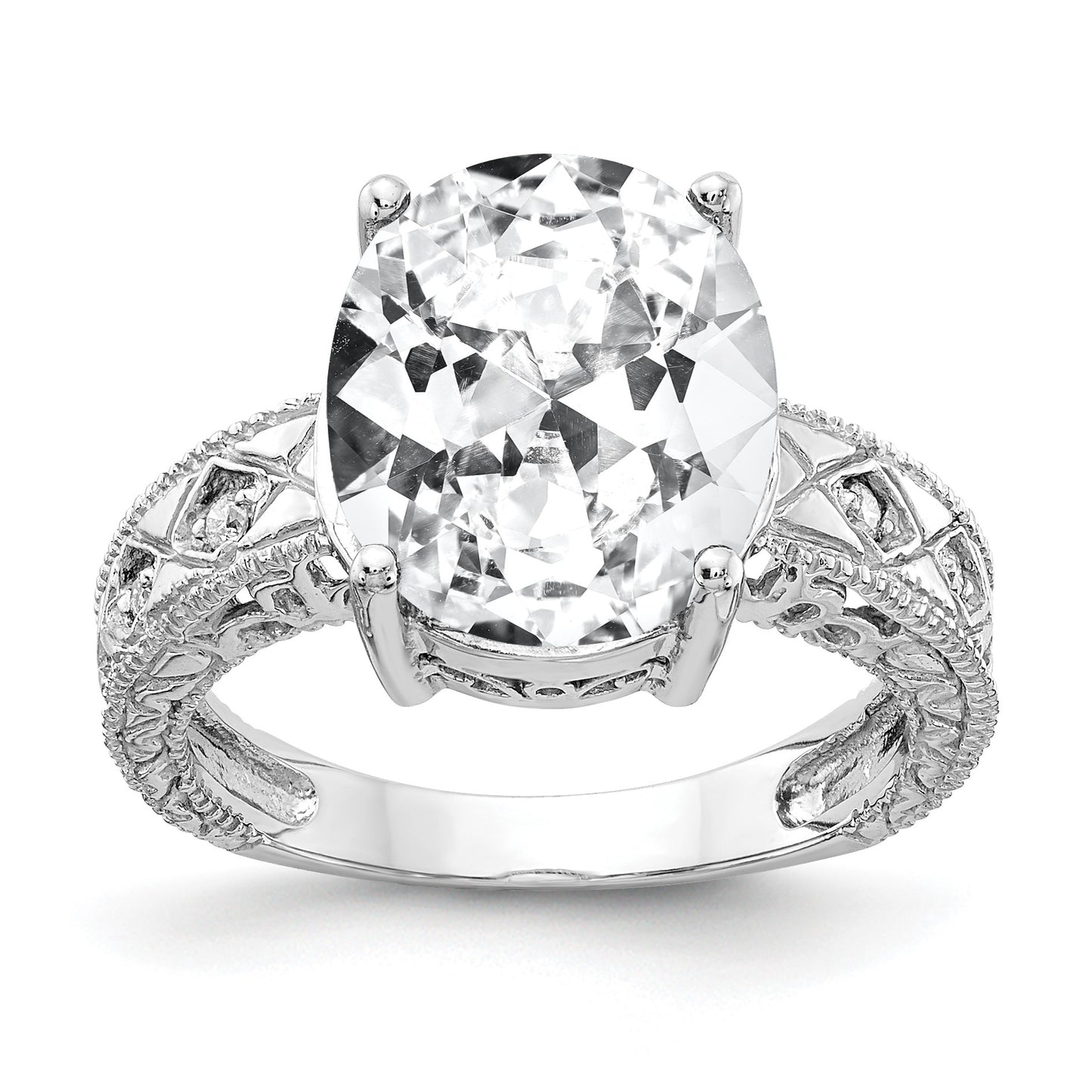 14k White Gold 12x10mm Oval Cubic Zirconia and 1/20 carat AA Diamond ring