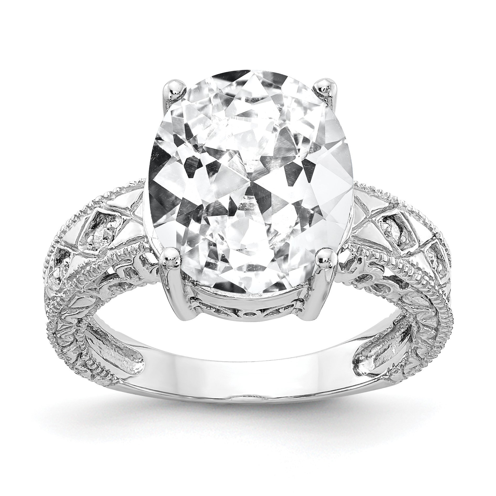 14k White Gold 12x10mm Oval Cubic Zirconia and 1/20 carat AA Diamond ring
