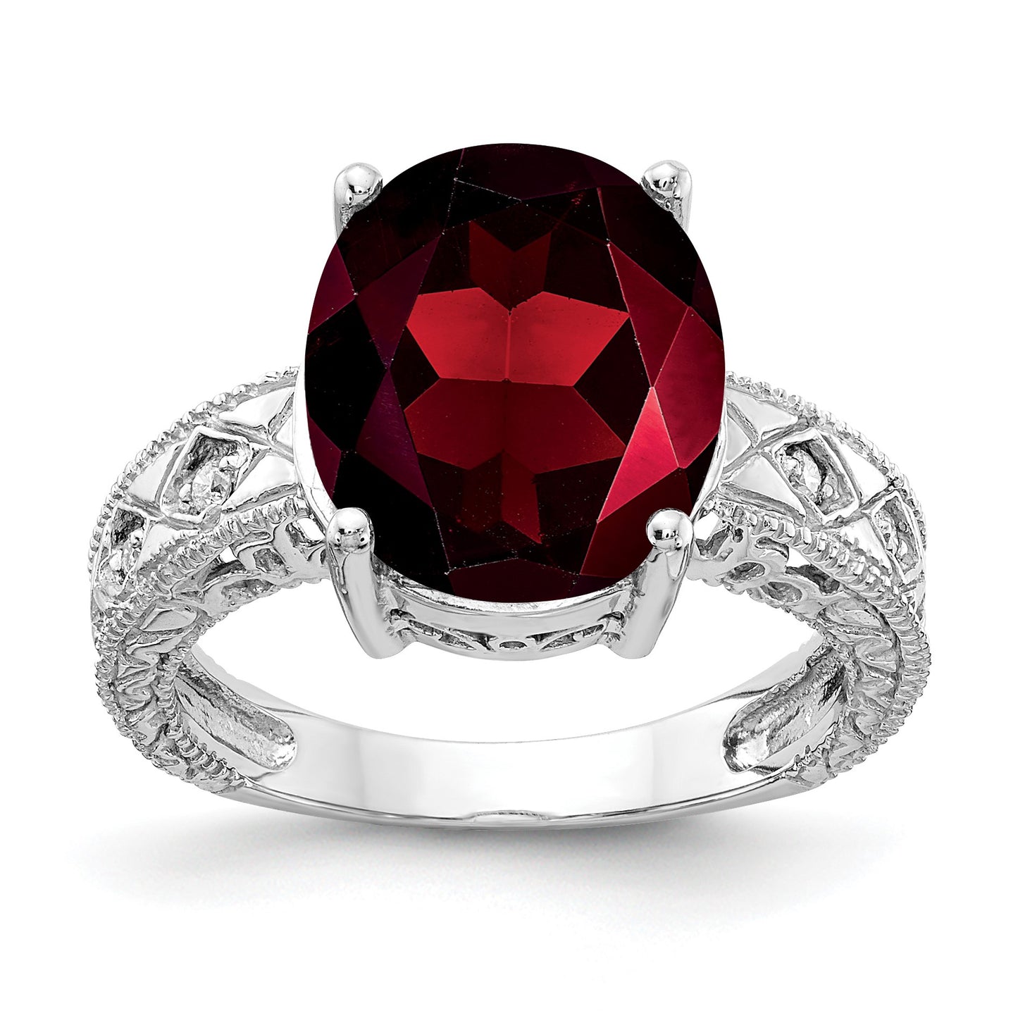 14k White Gold 12x10mm Oval Garnet and 1/20 carat AA Diamond ring
