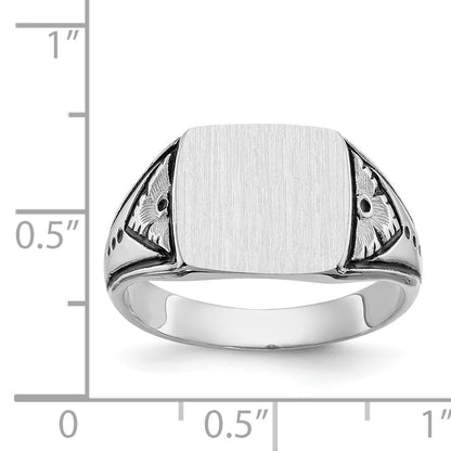 14k White Gold 11.5x11.0mm Rectangle Closed Back Antiqued Mens Signet Ring