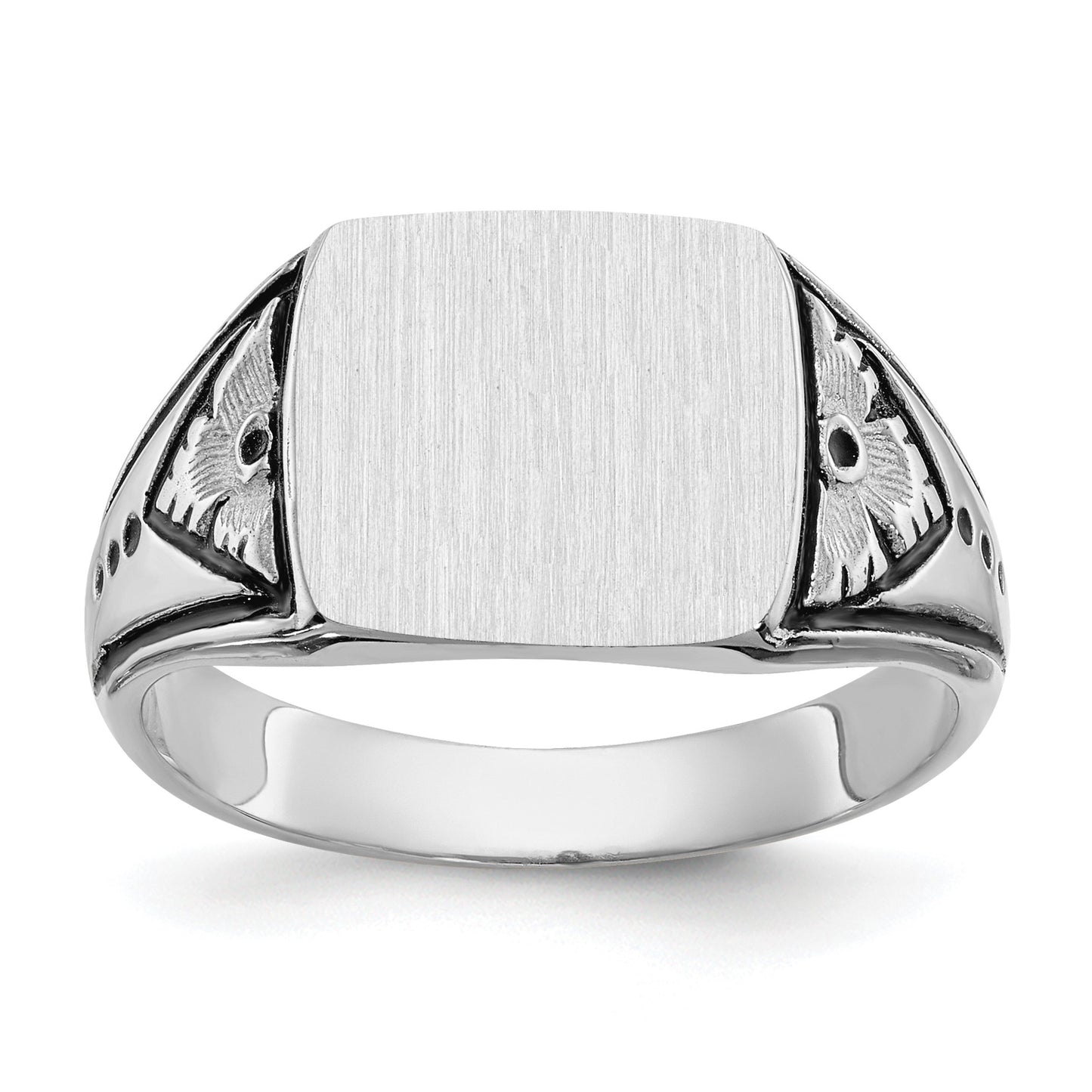 14k White Gold 11.5x11.0mm Rectangle Closed Back Antiqued Mens Signet Ring