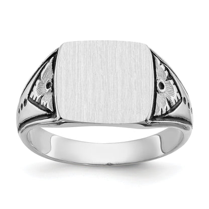 14k White Gold 11.5x11.0mm Rectangle Closed Back Antiqued Mens Signet Ring
