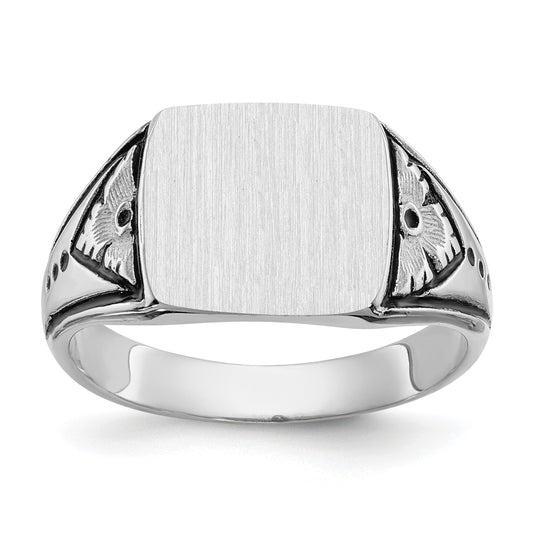 14k White Gold 11.5x11.0mm Rectangle Closed Back Antiqued Mens Signet Ring