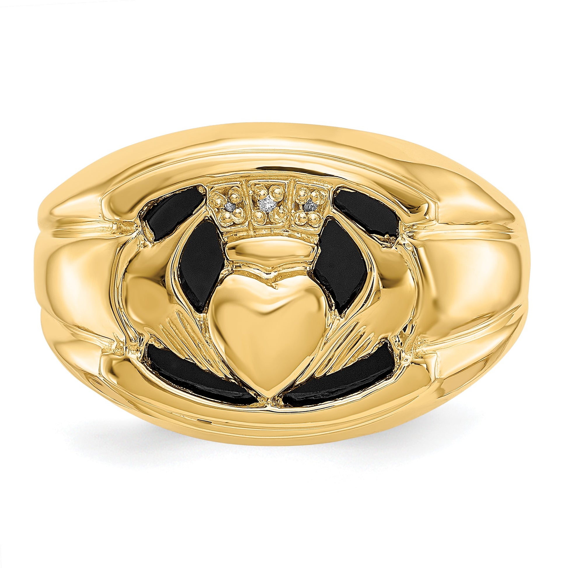 14k Mens AA Diamond and Onyx Claddagh Ring