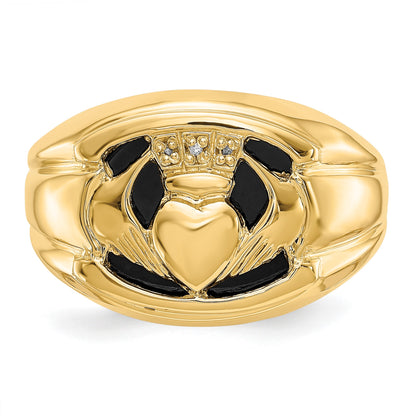 14k Mens AA Diamond and Onyx Claddagh Ring