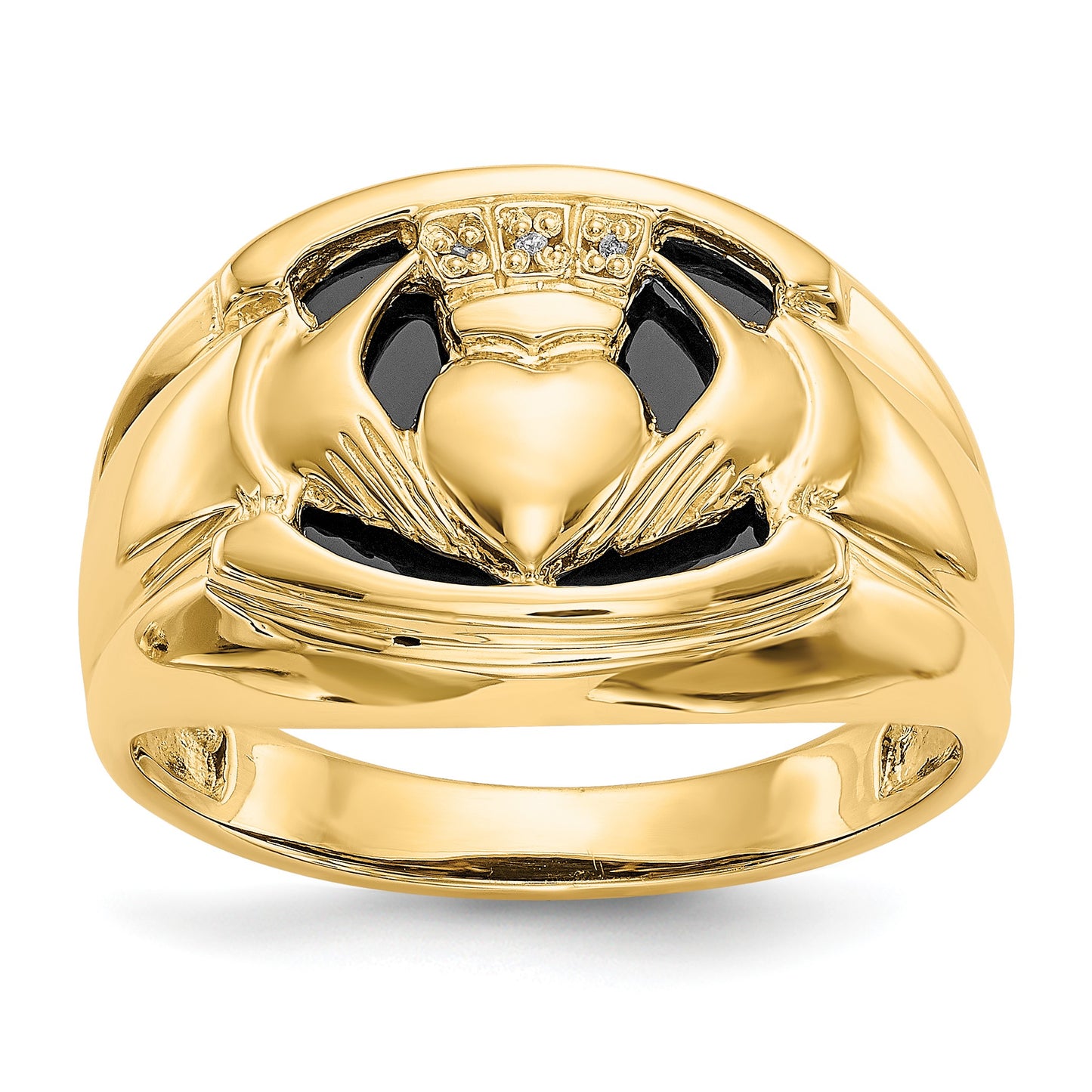 14k Mens AA Diamond and Onyx Claddagh Ring